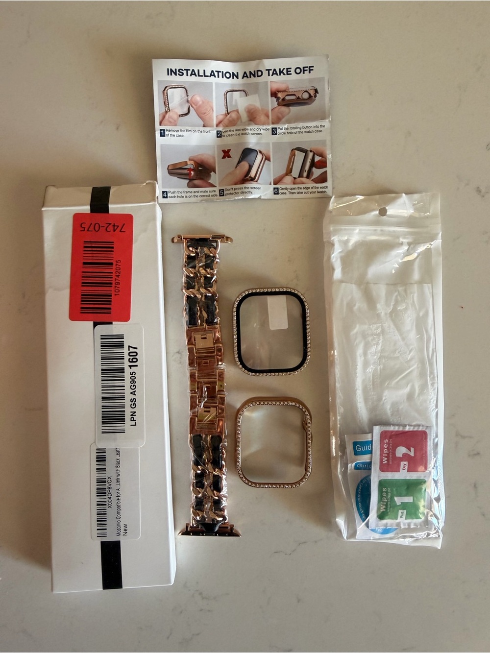 Apple Watch Women Band With 46mm Case - Rose Gold Chain/Black Leather